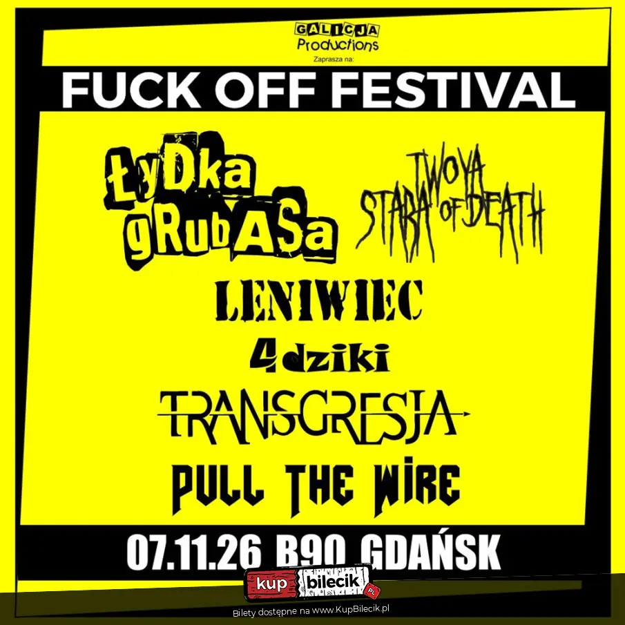 Plakat wydarzenia: Łydka Grubasa, Pull The Wire, Twoja Stara Of Death, Transgresja, 4 dziki, Leniwiec