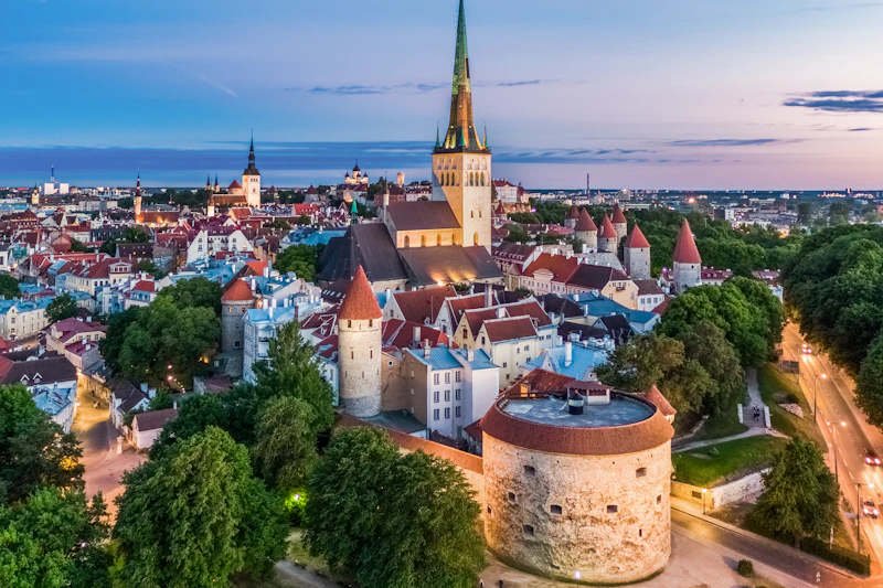 Widok z lotu ptaka na średniowieczne europejskie miasto z licznymi budynkami z czerwonymi dachami, dużą iglicą kościelną i otaczającą zielenią o zmierzchu.