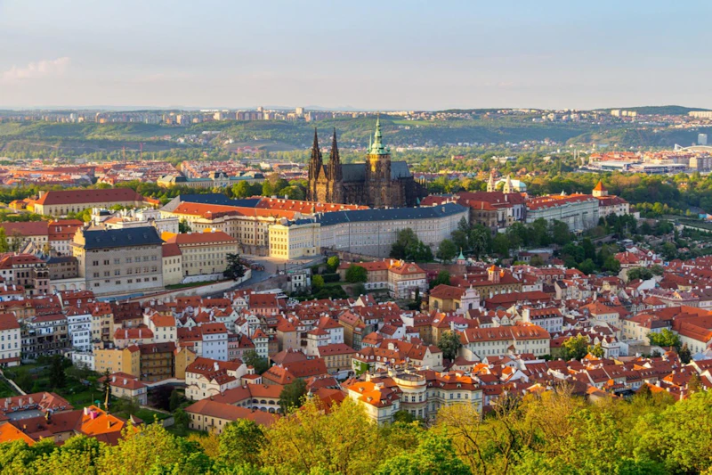 Panoramiczny widok na miasto z czerwonymi dachami budynków, katedrą i zielenią pod bezchmurnym niebem.