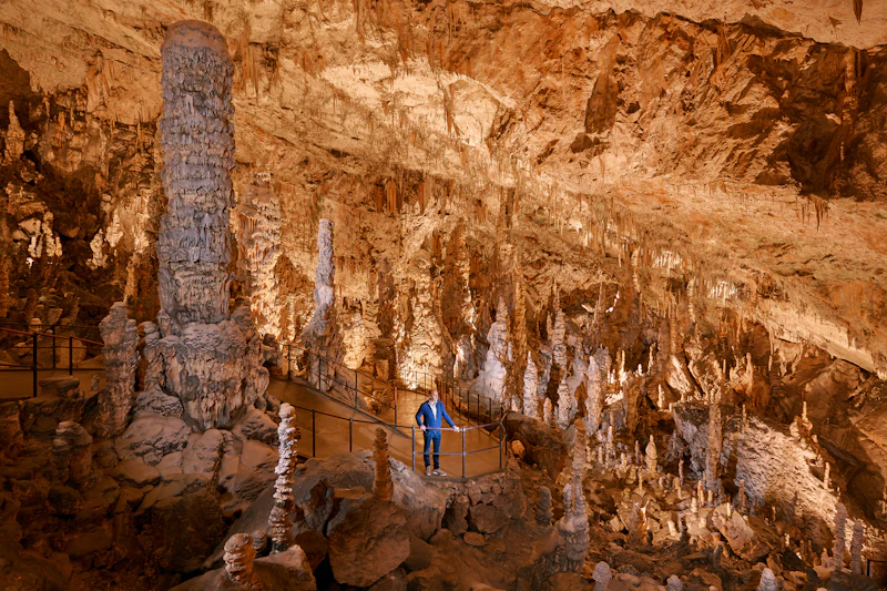 Osoba stojąca na chodniku otoczona dużymi stalaktytami i stalagmitami wewnątrz oświetlonej jaskini.