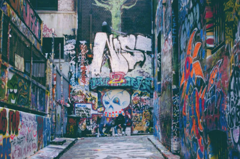 Uliczka pokryta kolorowymi graffiti, w tym dużą stylizowaną twarzą i różnymi metkami. Niektóre osoby są obecne w tle.