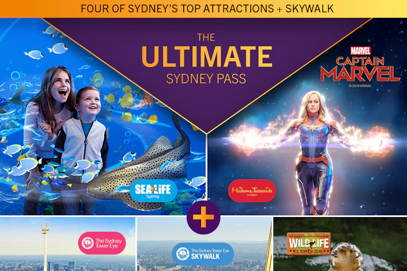 Kolaż promocyjny dla „The Ultimate Sydney Pass”, przedstawiający ŻYCIE MORSKIE, Madame Tussauds, Kapitana Marvela, Sydney Tower Eye, Skywalk i DZIKIE ŻYCIE w zoo w Sydney.