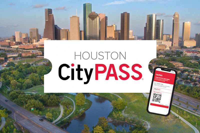 Panorama Houston z wysokimi budynkami i zielenią. Centralny tekst brzmi „Houston CityPASS”. W pobliżu ekranu smartfona znajduje się aplikacja CityPASS.