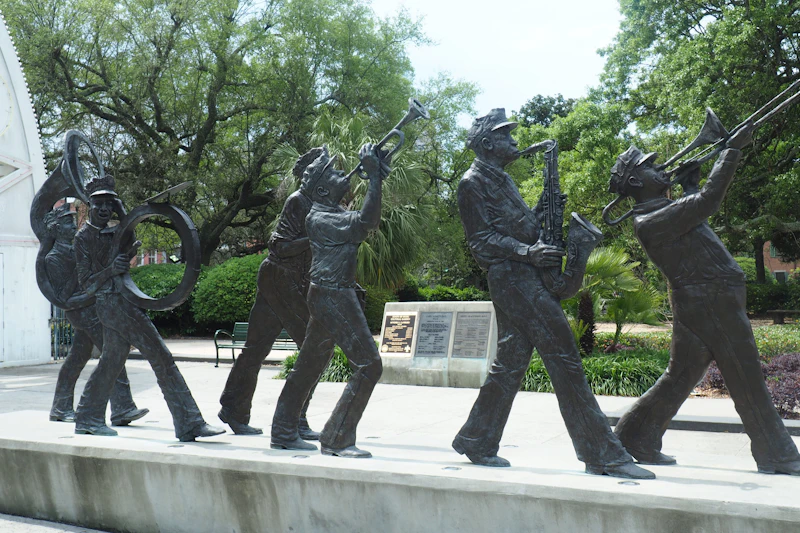 Posąg zespołu jazzowego w Armstrong Park przy Congo Square