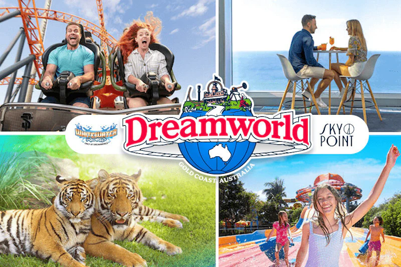 Kolaż z kolejką górską, sceną kulinarną, młodymi tygrysami i dziećmi w parku wodnym z logo Dreamworld.