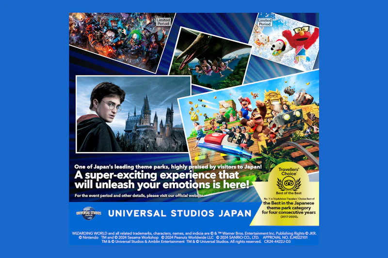 Kolaż japońskich atrakcji Universal Studios ze scenami z Harry 'ego Pottera, Mario Kart i innych z tekstem promocyjnym.